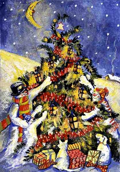 Snowmen Decorating the Christmas Tree, 1999 (gouache on paper)  a David  Cooke