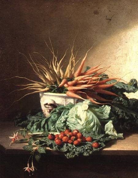 Still Life of Strawberries, Carrots and Cabbage a David Emil Joseph de Noter