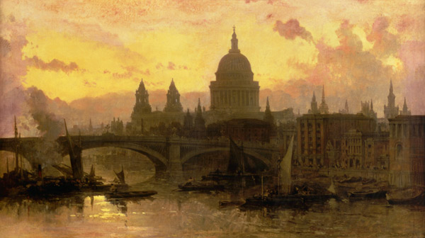 Evening over London, look over the Thames on piece Pauls Cathedral a David Roberts