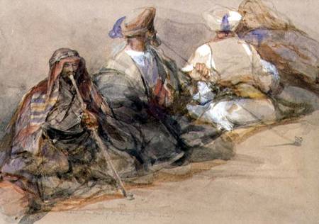 Group of Arab figures, two smoking a cubuk a David Roberts