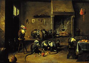 Monkeys in the kitchen a David Teniers