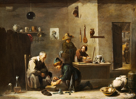 In the practice of a village barber. a David Teniers