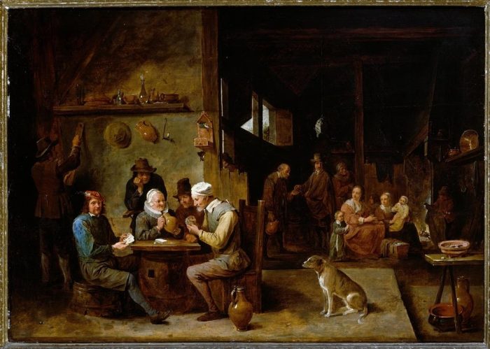 A Farmhouse Interior with Peasants at a Table Playing Cards a David Teniers