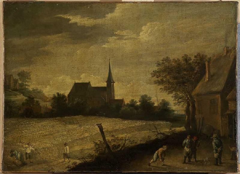 Landschaft mit mähenden und kegelspielenden Bauern. a David Teniers