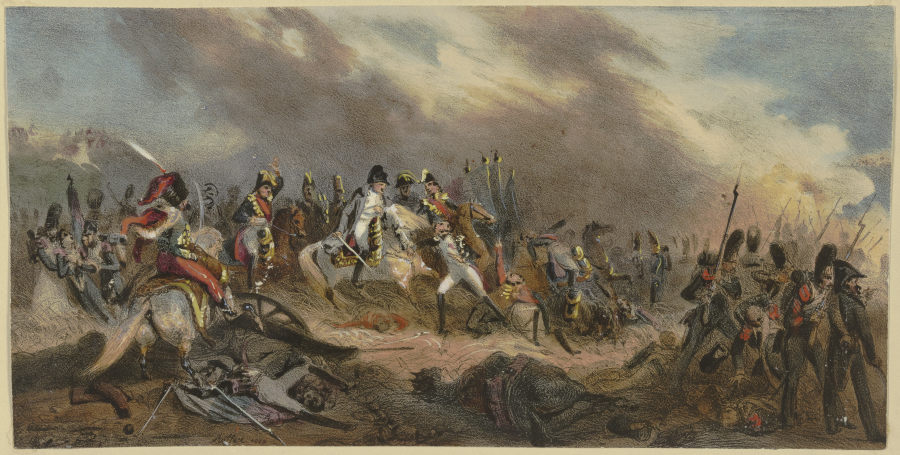 Napoleon mit seinem Hut über ein Schlachtfeld reitend a Denis Auguste Marie Raffet