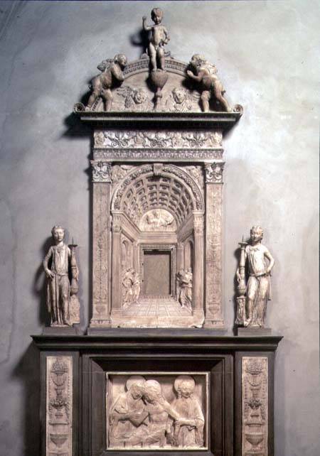 Tabernacle with an architectural trompe l'oeil panel, angel candelabra and a Pieta a Desiderio  da Settignano