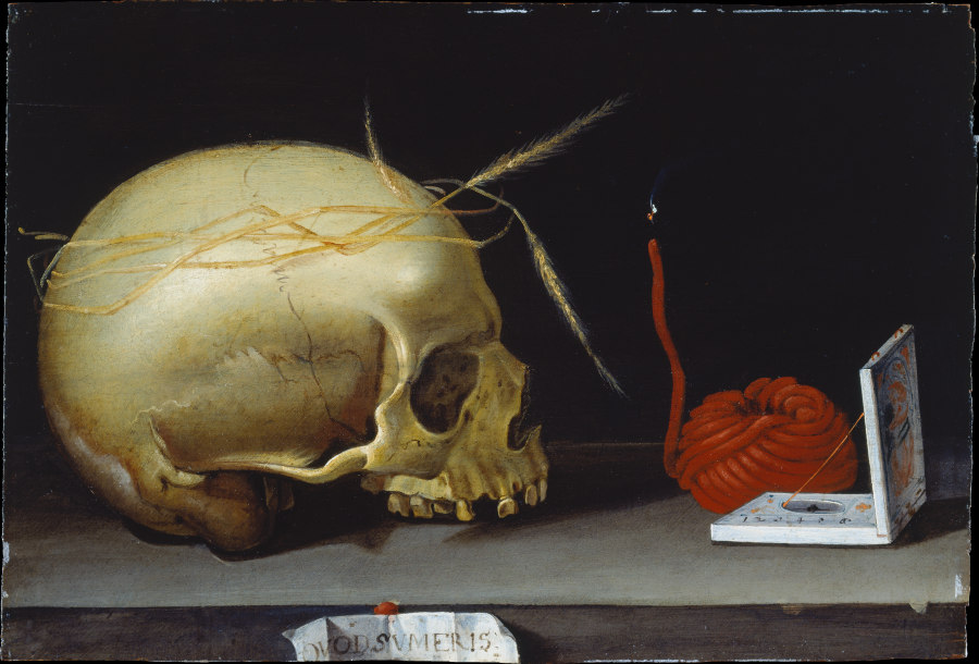 Vanitas Still Life with Skull, Wax Taper and Portable Sundial a Deutscher Meister um 1620