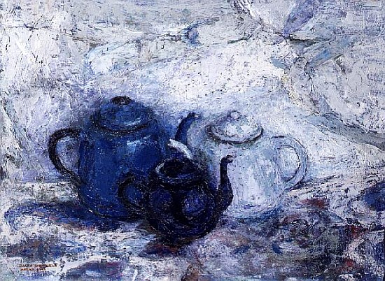 Three Blue Teapots, 1992 (board)  a Diana  Schofield