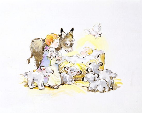 Donkey and Lambs Around a Manger  a Diane  Matthes