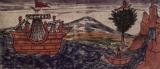 Fol.197v An Indian spy observes the arrival of a Spanish ship on the Mexican coast a Diego Duran