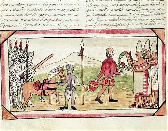 Fol.208v Meeting of Hernando Cortes (1485-1547) and Montezuma (1466-1520), miniature from the ''Hist a Diego Duran