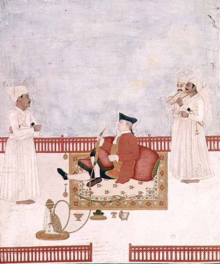 A European Seated on a Terrace with Attendants a Dip Chand