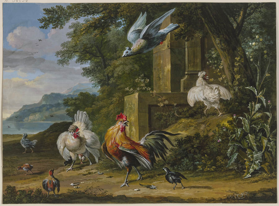 Ein Hahn und zwei Hennen mit ihren Jungen von einem Raubvogel überfallen a Dirck Dalens III