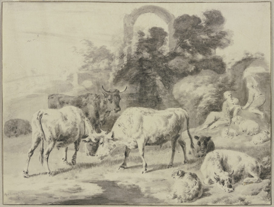 Cow herd with shepherds a Dirck van Bergen