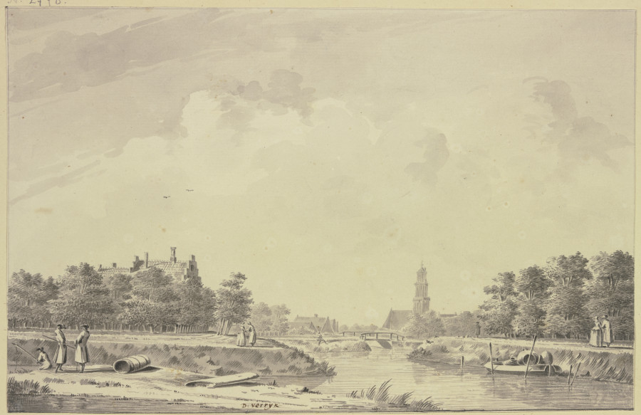 Kanalansicht, im Hintergrunde eine Stadt mit Turm und Brücke, links bei einer Tonne zwei stehende He a Dirk Verrijk