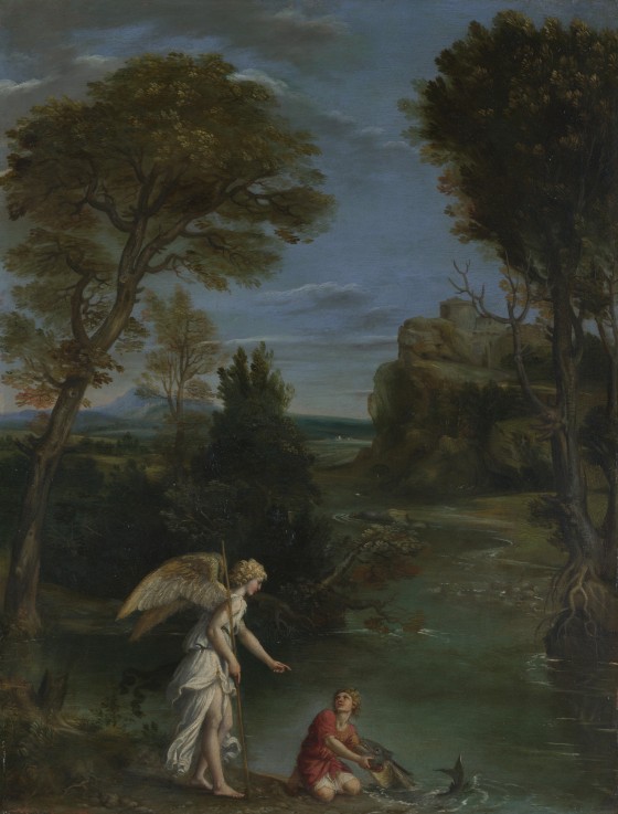 Landscape with Tobias laying hold of the Fish a Domenichino (alias Domenico Zampieri)