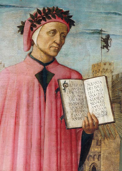 Dante reading from the 'Divine Comedy', detail of Dante Alighieri (1265-1321) a Domenico  di Michelino