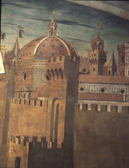 Detail depicting Florence Cathedral, from a fresco of Dante with the 'Divinia Commedia' in the north a Domenico  di Michelino