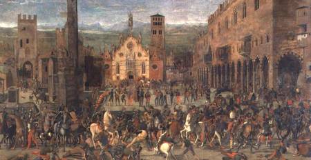 The Expulsion of the Bonacolsi in 1328 in Piazza Sordello, Mantua a Domenico Morone