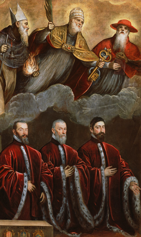 Saint Jerome, Saint Peter and Saint Anthony above a portrait of three lawyers a Domenico Tintoretto