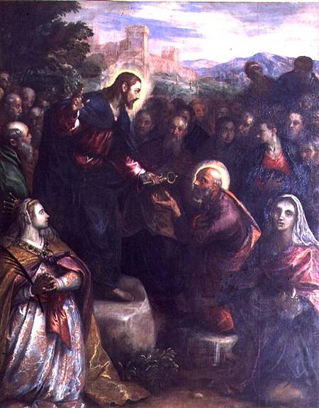 Christ Delivering the Keys to St. Peter with St. Jacinta and St. Justina of Padua a Domenico Tintoretto