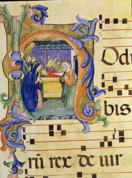 Ms 571 f.6r Historiated initial 'H' depicting the Nativity from an antiphon illuminated by Don Simon a Don Simone Camaldolese
