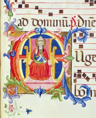 Ms 572 f.125r Historiated initial 'E' depicting St. Peter as the first bishop of Rome from an antiph a Don Simone Camaldolese
