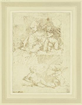 Maria mit dem Jesuskind und dem Johannesknaben, darunter lagernder Knabe mit Putto