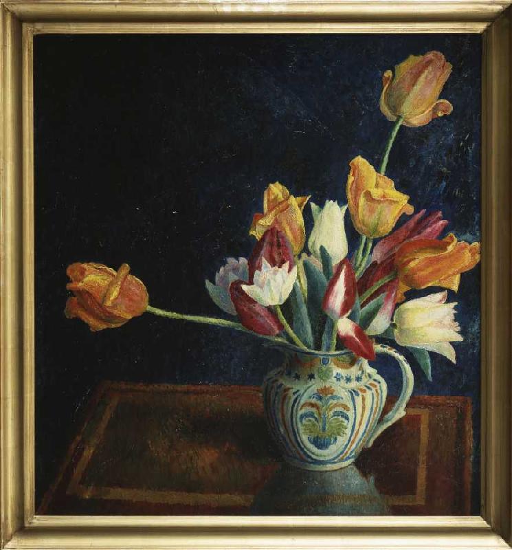 Tulpen in einem bemalten Krug. a Dora Carrington