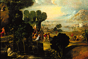 Landscape with scenes from the life of saints a Dosso Dossi