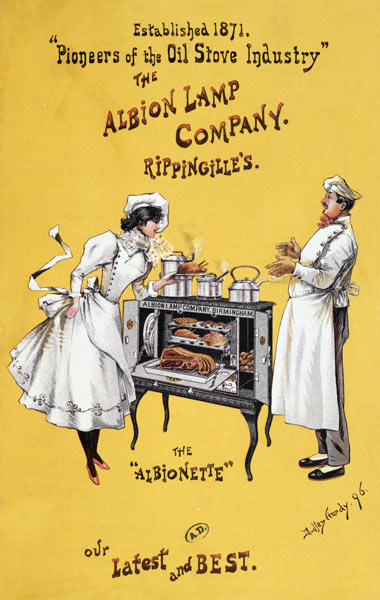 Advertisement for 'The Albionette' oven, manufactured by 'The Albion Lamp Company' a Dudley Hardy