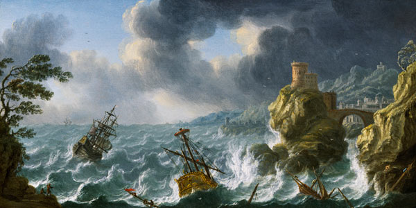 Shipwreck in a storm off a rocky coast a Dutch School