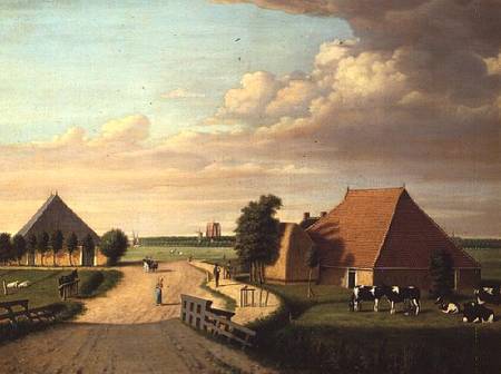 A study of Leevwarden in Holland with a herd of Friesian cattle in the foreground a Dutch School