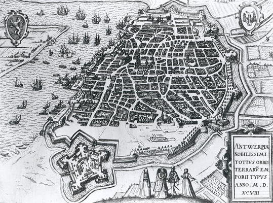 Map of Antwerp, 1598 (engraving) (b/w photo) a Dutch School, (16th century)