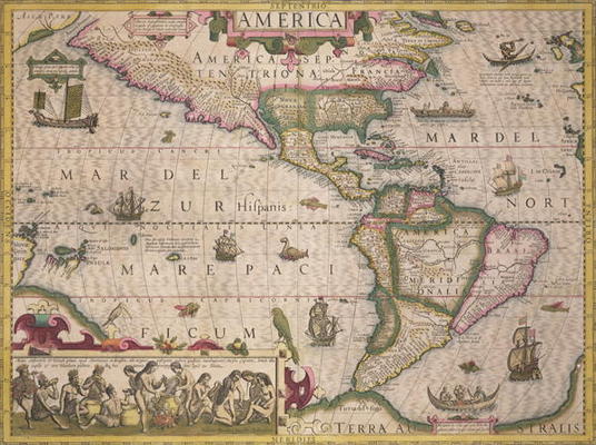 Map of America, from the Mercator 'Atlas', pub. by Jodocus Hondius (1563-1612), Amsterdam, 1606 (eng a Dutch School, (17th century)