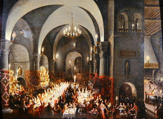 Belshazzar's Feast showing the hand of God writing the words 'Mane, Tekel, Phares' (oil on canvas) a Dutch School, (17th century)