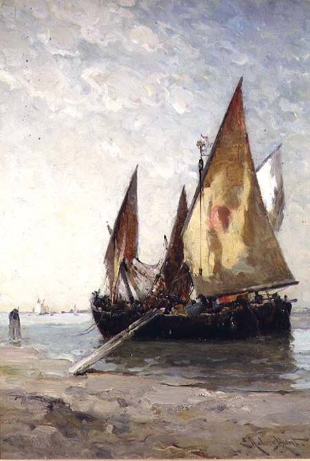 Fishing Boats Moored on the Beach a E. Aubrey Hunt