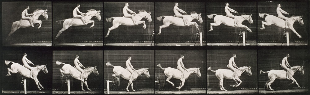 Man and horse jumping a fence, plate 643 from ''Animal Locomotion'', 1887 (b/w photo)  a Eadweard Muybridge