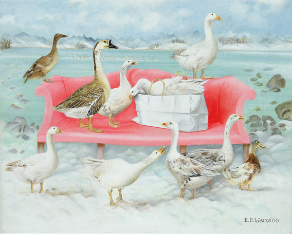 Geese on Pink Sofa, 2000 (acrylic on canvas)  a E.B.  Watts