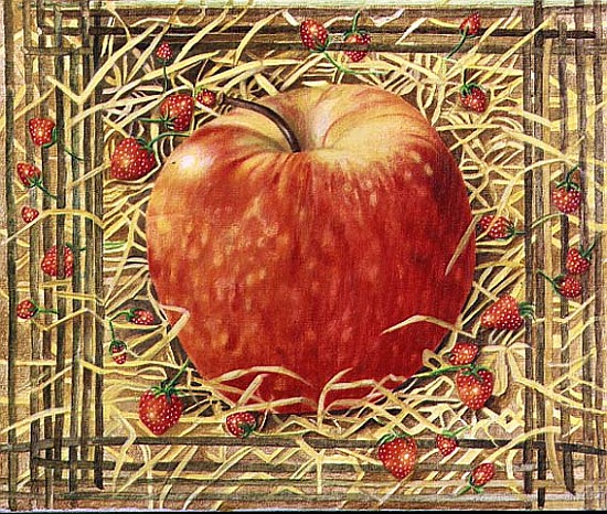 Apple in Straw with Strawberries, 1997 (acrylic on canvas)  a E.B.  Watts