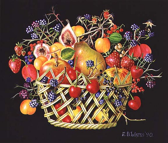 Fruit in a Basket with Black Background, 1990 (acrylic)  a E.B.  Watts