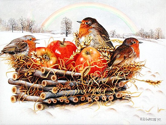 Robins with Apples, 1997 (acrylic on canvas)  a E.B.  Watts