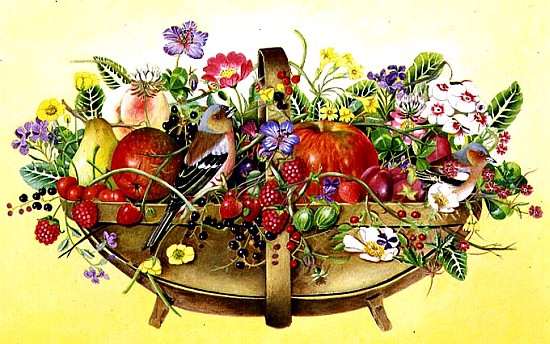 Trug with Fruit, Flowers and Chaffinches, 1991 (acrylic)  a E.B.  Watts