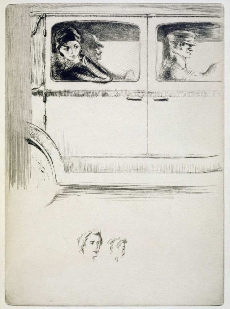 A couple in a chauffeur driven car, illustration for Mitsou by Sidonie-Gabrielle Colette a Edgar Chahine