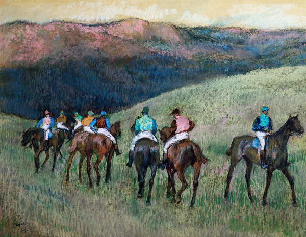 Racehorses in a Landscape a Edgar Degas