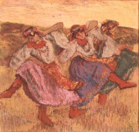 Three dancers in peasant costume a Edgar Degas