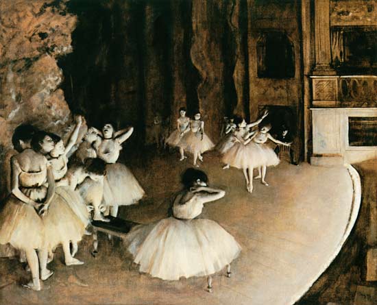 Dress rehearsal of the ballet on the stage a Edgar Degas