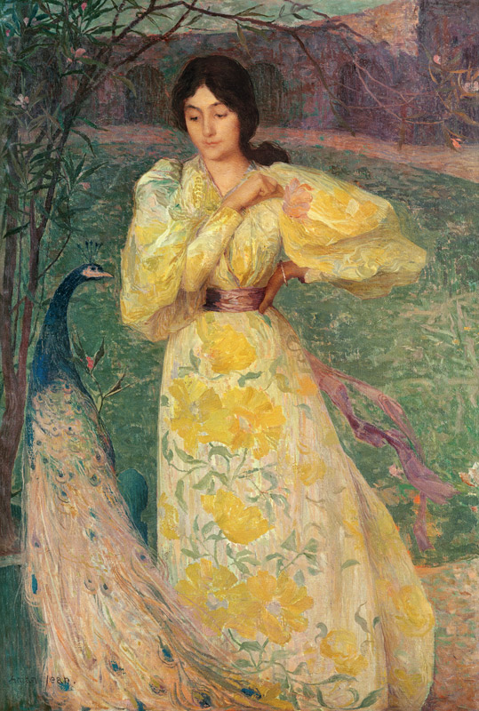 Young Girl with a Peacock (oil on canvas) a Edmond-Francois Aman-Jean