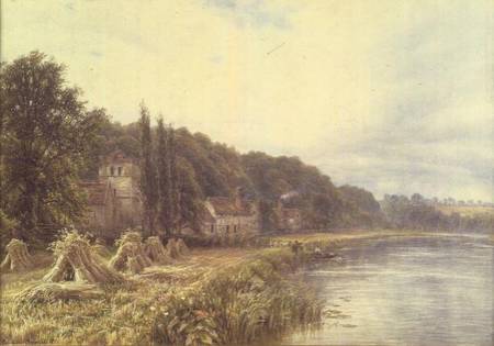 Riverside Village with figures fishing a Edmund George Warren