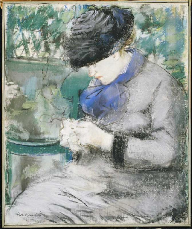 Mädchen, im Garten sitzend oder: Das Stricken a Edouard Manet